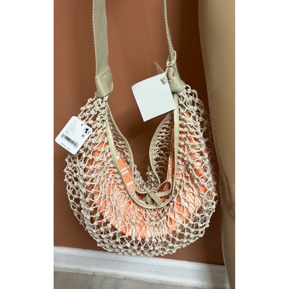 Free People Net Sling Bag Orange Cream Striped Macrame Crossbody NWT